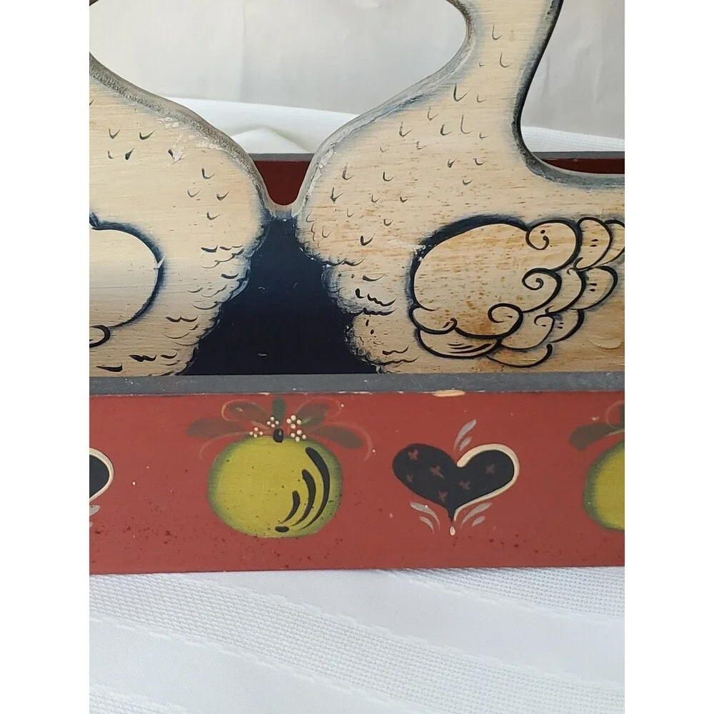 Vntg. Wood Basket Kissing Ducks/Divided/Hand Painted/Hearts/Fruit/GrandmaCore/80